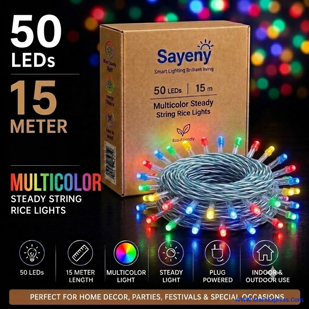 Sayeny 15 Meter 50 LED Multicolour String Steady Lights | 8mm Decorative Glow Light String for Home, Diwali & Festive Decoration