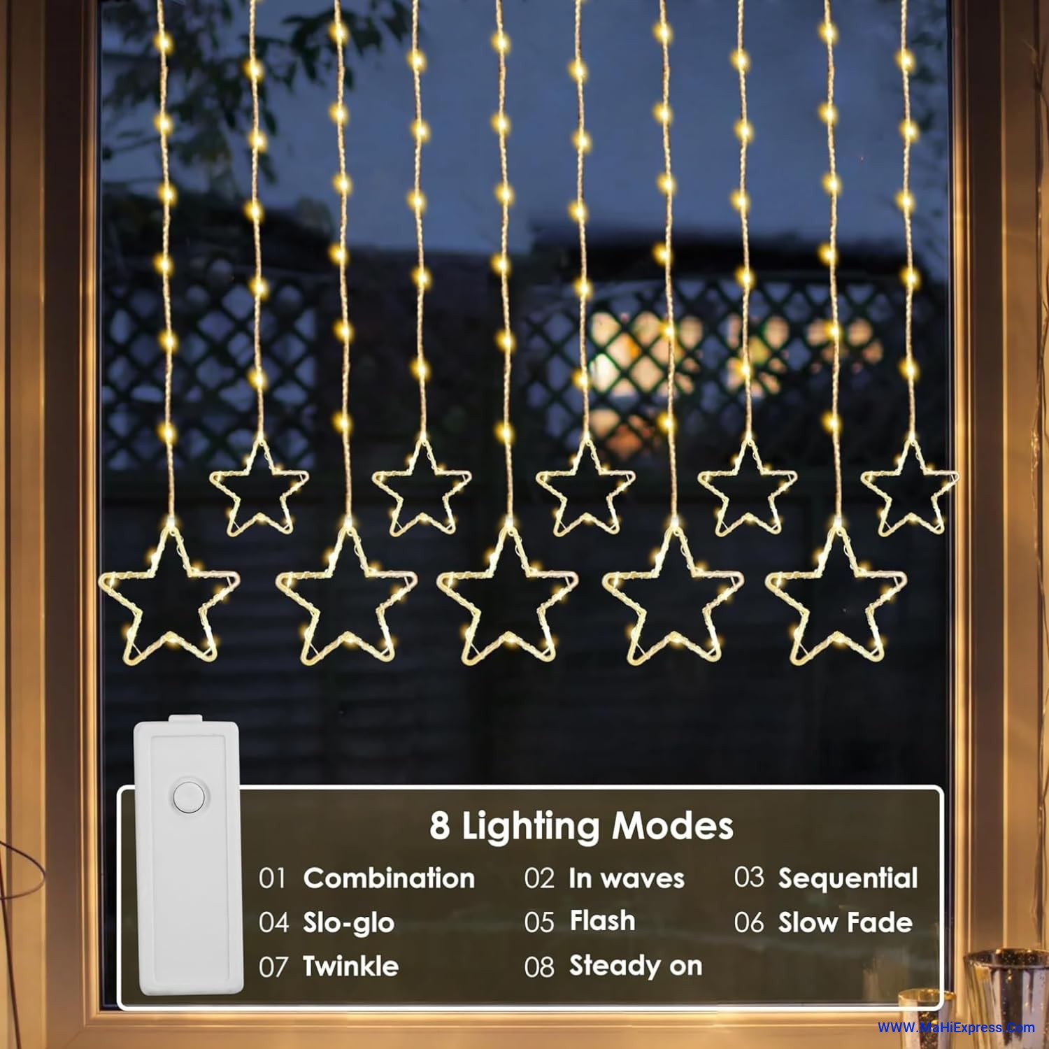 Sayeny Fairy Star Curtain String LED Lights – 3 Meter Warm White Plug-in Decorative Lights with 96 LEDs, 8 Modes (5+5 Star Design) for Home, Festival, Diwali & Wedding Decoration