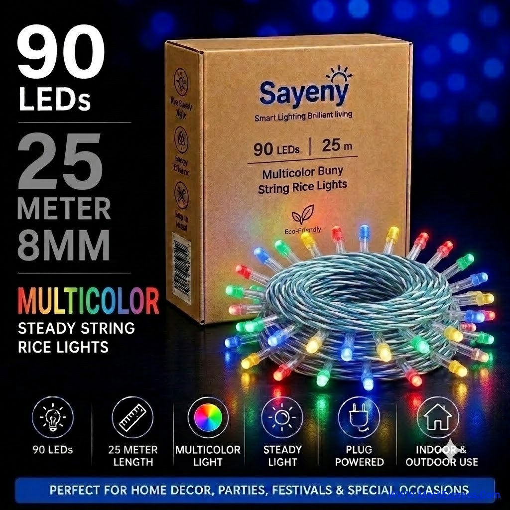 Sayeny 25 Meter 90 LED Multicolour String Steady Lights | 8mm Decorative Glow Light String for Home, Diwali & Festive Decoration