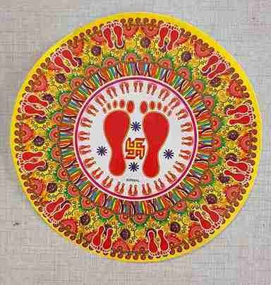 Rangoli Self Adhesive Waterproof Diwali 3D Golden Floor/ Legs & Swastik Stickers (Multicolor) for Occasions, Diwali, Poonam,in (25x25 cm) Size. Pack Of 2pcs
