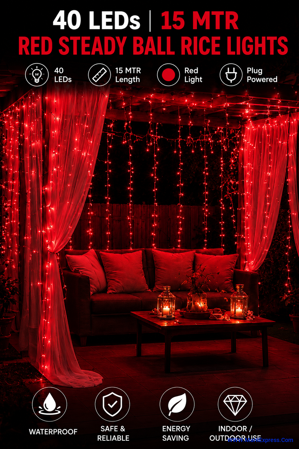 40 LED 15m Red Steady Ball Rice Lights (Pack of 1) | Waterproof Decorative Fairy String Lights for Home, Diwali, Christmas, Garden & Party Decoration