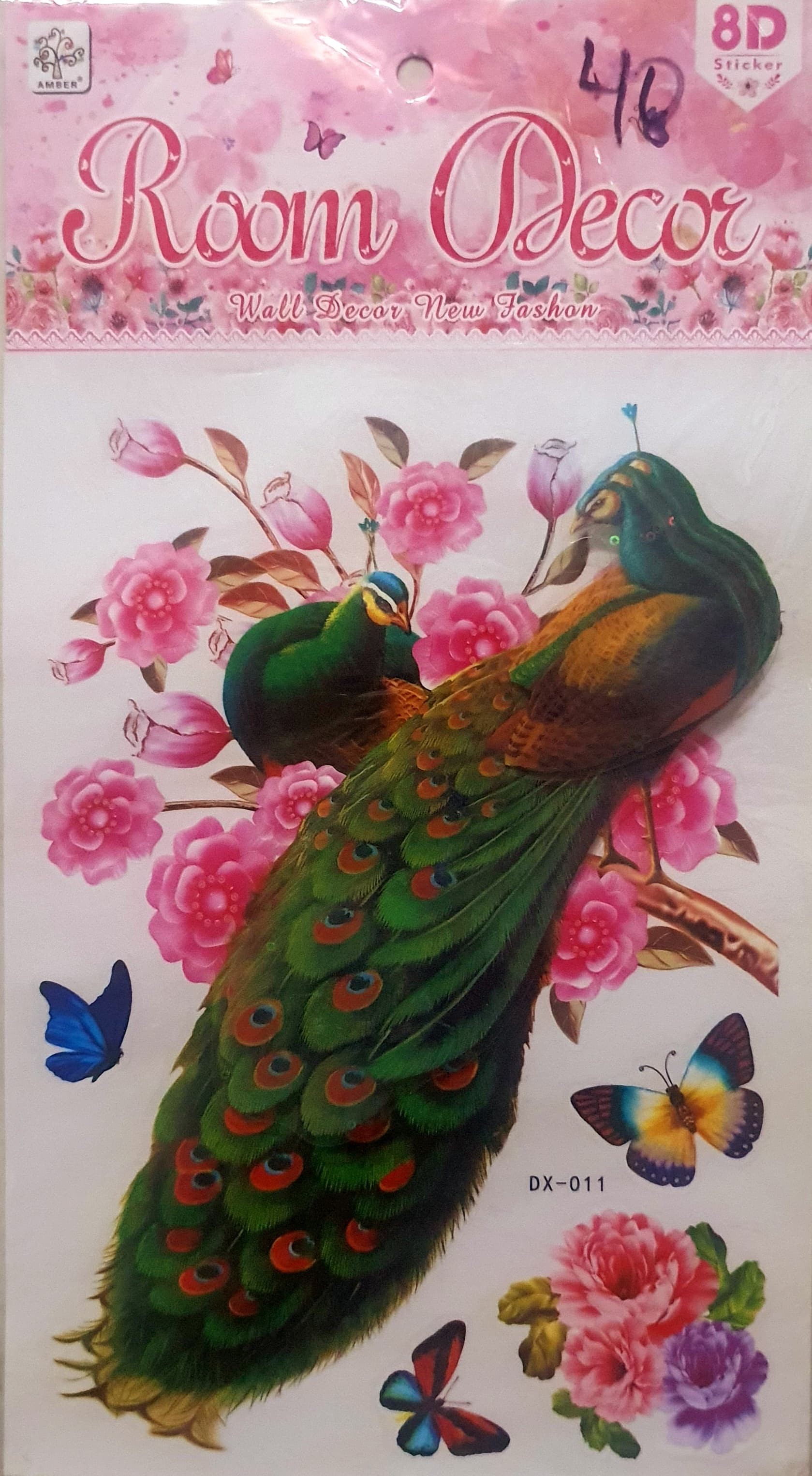 Ocean Garniture 25 cm 3D Embossed Green Peacock with Pink Flowers Wallpaper Self Adhesive Sticker  (Pack of 1)
