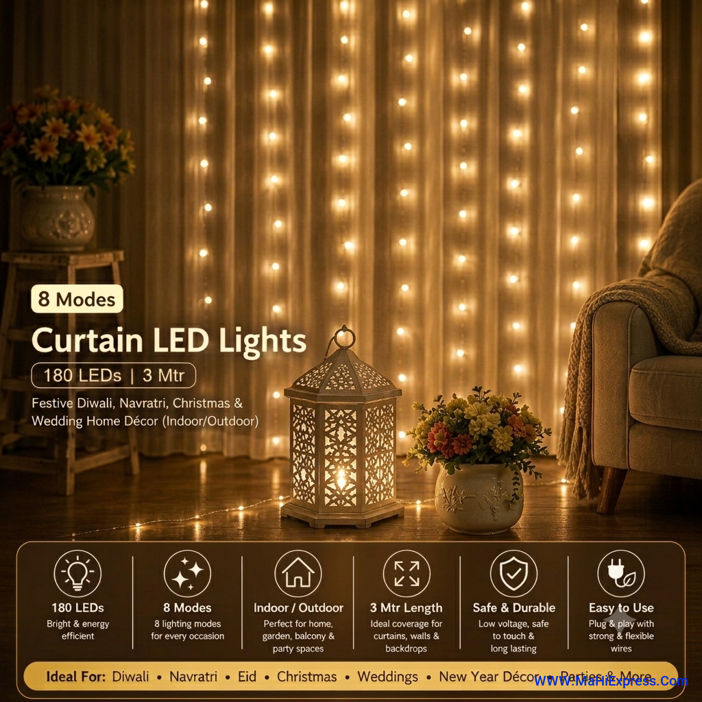 180 LED Curtain String Lights (3M x 1.8M) with 8 Lighting Modes –  Fairy Curtain Lights for Home, Diwali, Navratri, Christmas & Wedding Décor (Indoor/Outdoor)