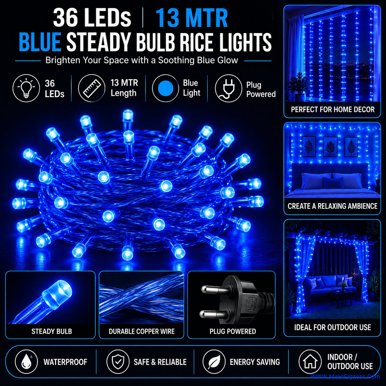13 Meter 36 LED Blue Rice Lights | Steady Glow Decorative String Fairy Lights for Home, Balcony, Festival, Diwali, Christmas & Party Decor (Pack of 1)