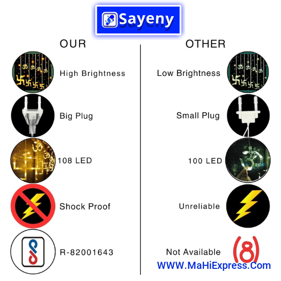 Sayeny 12 Om Swastik Curtain Warm White String Lights 6 Swastik 6 Om 114 Led 3 Meter Window Curtain Lights with 8 Flashing Modes for Indoor Outdoor Decoration (Plug-in, Warm White Pack of 1 - 6+6)