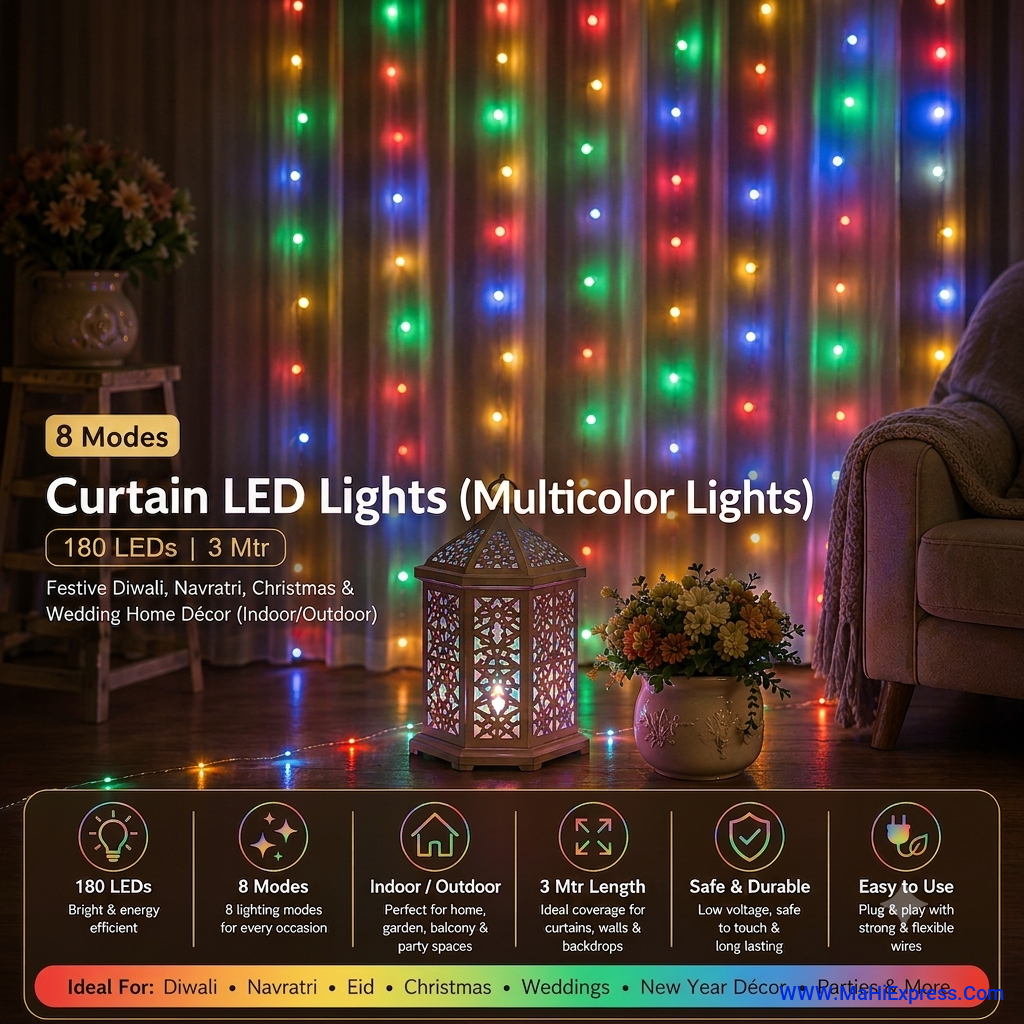 180 LED Curtain String Lights (3M x 1.8M) with 8 Lighting Modes – Multicolor Fairy Curtain Lights for Home, Diwali, Navratri, Christmas & Wedding Décor (Indoor/Outdoor)