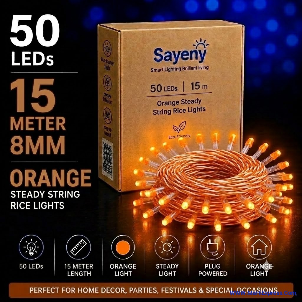 Sayeny 15 Meter 8mm 50 LED Orange String Steady Lights | Decorative Glow Lights for Home, Bedroom, Diwali, Christmas, Festival & Party Decoration