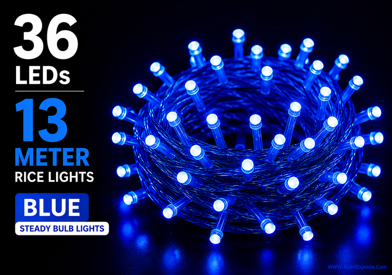 13 Meter 36 LED Blue Rice Lights | Steady Glow Decorative String Fairy Lights for Home, Balcony, Festival, Diwali, Christmas & Party Decor (Pack of 1)