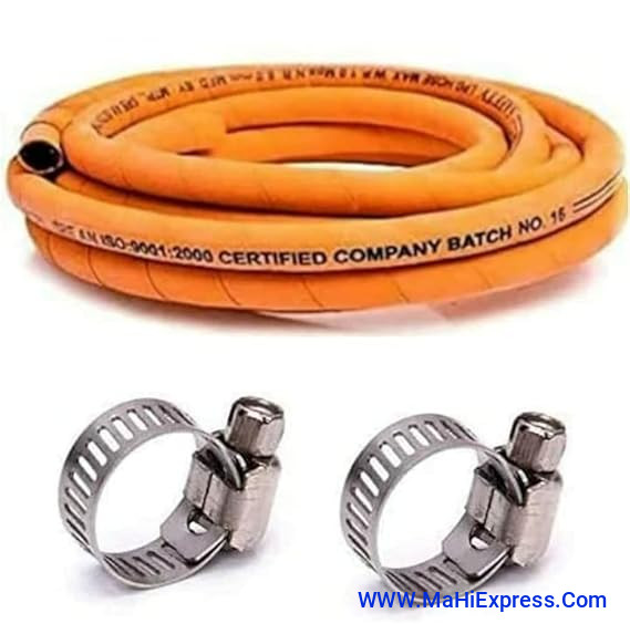 3 Mtr ISI Certified LPG Rubber Hose Pipe with Reinforced Steel Wire 100% Flame Resistant With Clamp for Indane/Bharatgas/HP Gas Recommended uncut Customized Length (3 Mtr)