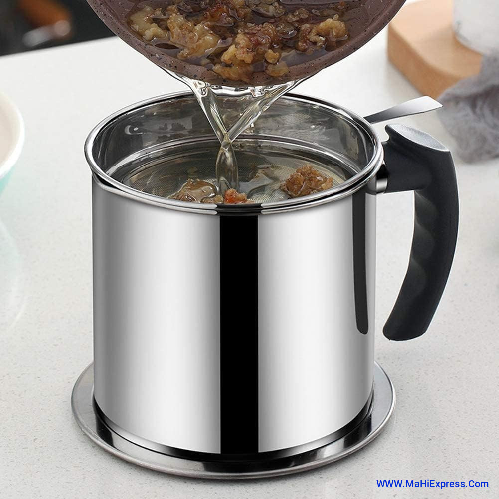 Cooking Oil Filter  Bacon Grease Container With Strainer,48 Oz Stainless Steel Oil Container,Pot Fat Storage With Lid,Easy Grip Handle Suitable For Storing Frying Oil (14.5 X 13.6 X 14 Centimeters,Sil