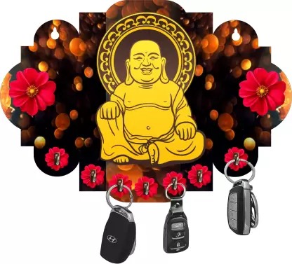 Kana Creation Laughing Buddha Beautiful Home Wooden Key Holder Wood Key Holder  (7 Hooks,