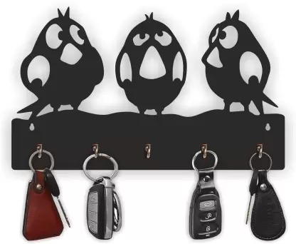 Kana Creation Home black Birds Wooden key holder Wood Key Holder  (5 Hooks, Black)