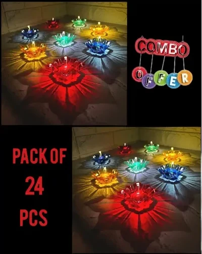 Sayeny Combo Pack Of Designer 3D Reflection Diwali Oil Diya Deepak - Diwali Decoration items for Home - 3d Transparent Diya, Decorative Oil lamp With 12 Pcs Wick And Wick Holder-Multicolor(24 Pcs)
