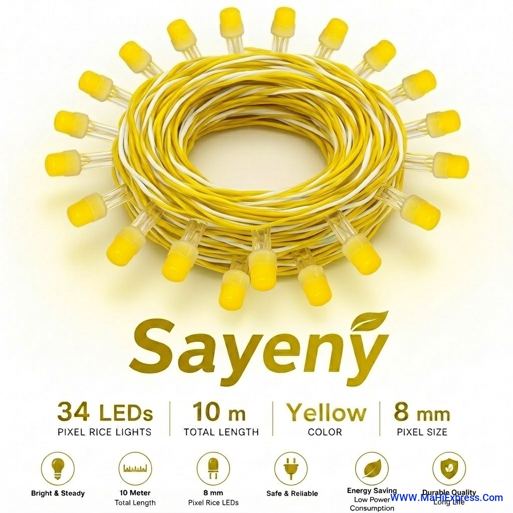 Sayeny 10m Yellow Pixel Rice Lights | 34 High-Brightness LEDs | Waterproof Decorative String Lights for Diwali, Christmas, Wedding, Home & Outdoor Decor