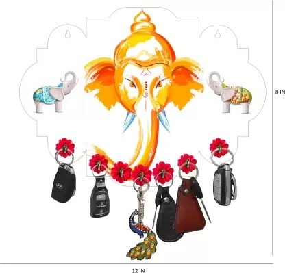Kana Creation Ganesha Beautiful Home Wooden Key Holder (7 Hooks, Multicolor)
