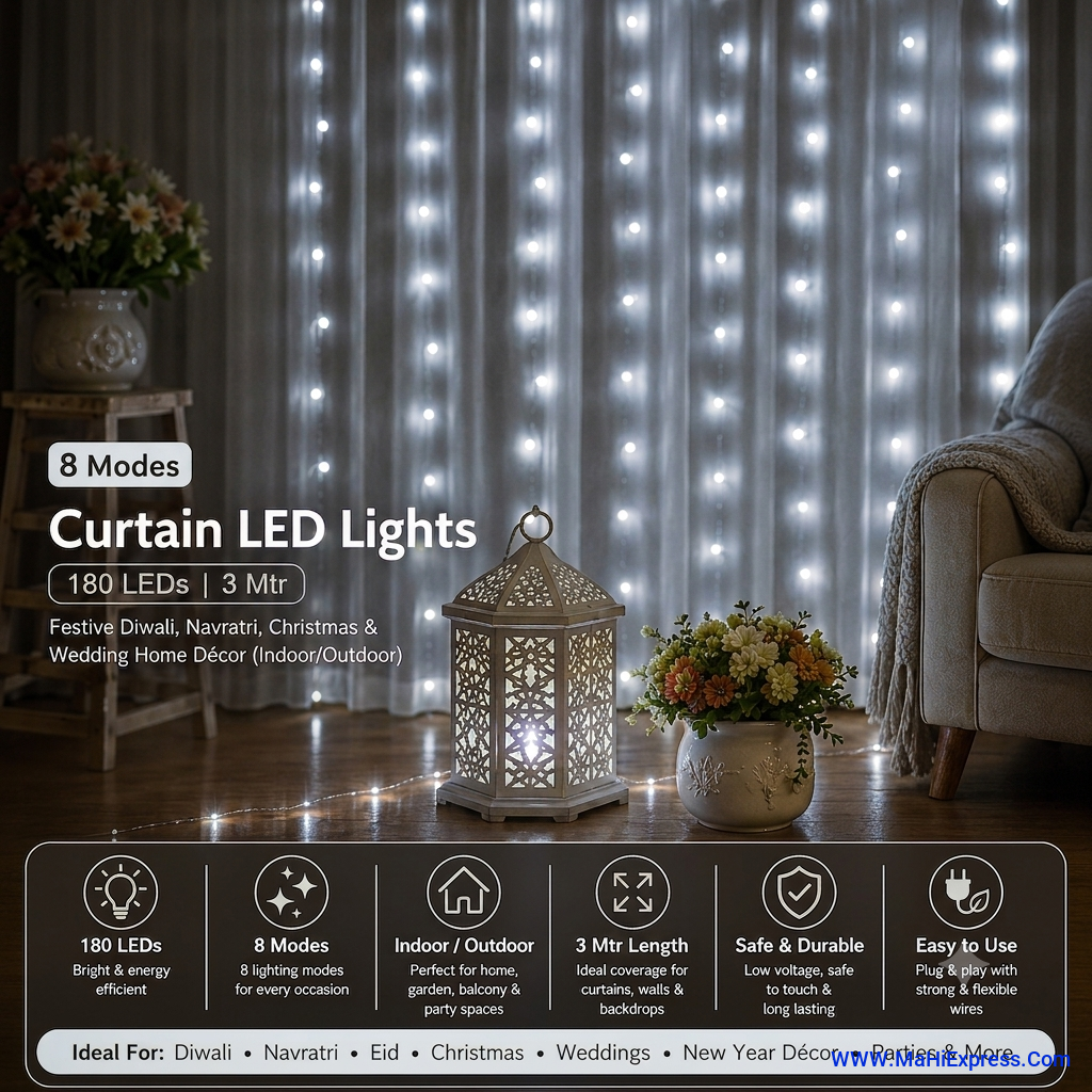 180 LED Curtain String Lights (3M x 1.8M) with 8 Lighting Modes – Warm White Fairy Curtain Lights for Home, Diwali, Navratri, Christmas & Wedding Décor (Indoor/Outdoor)