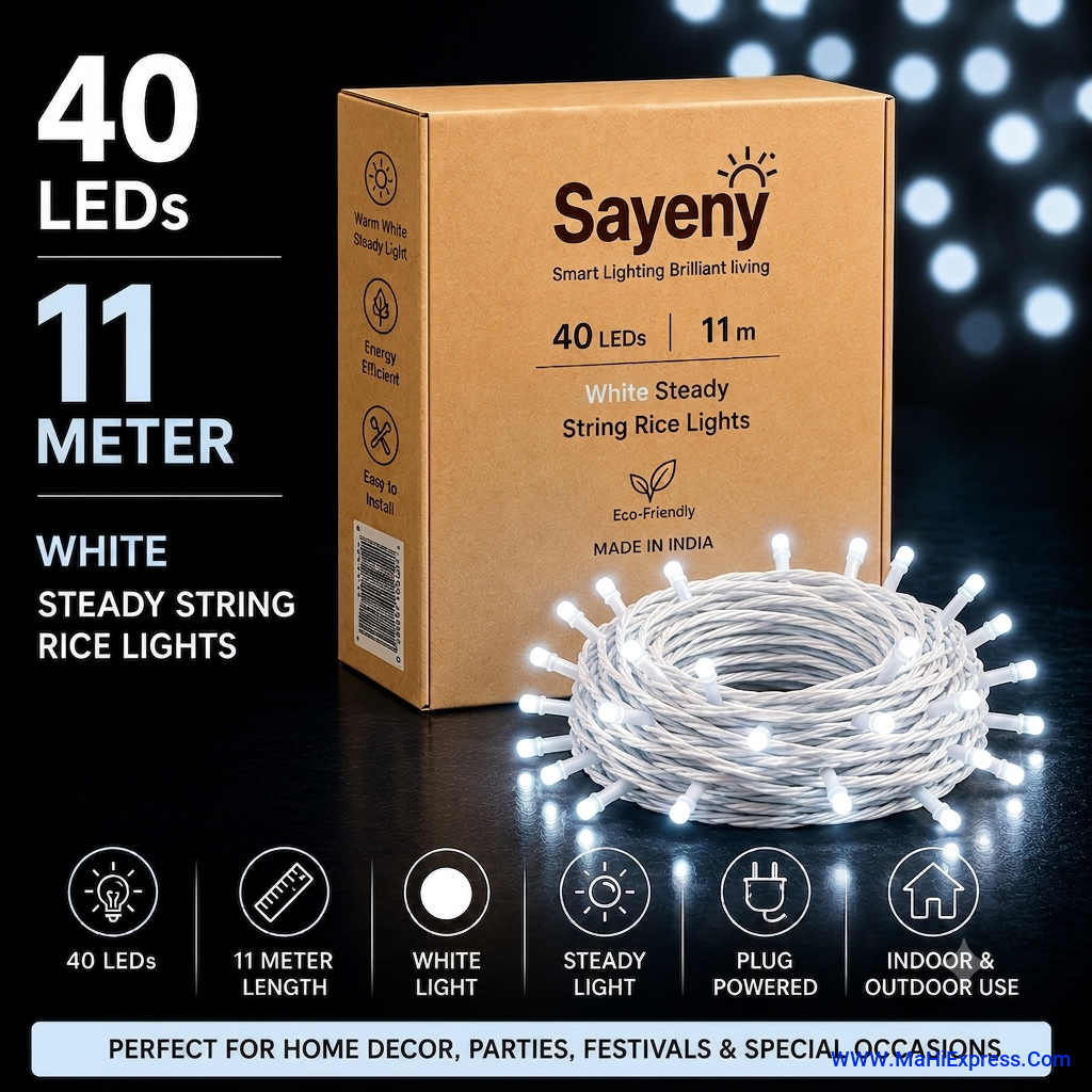 Sayeny 11 Meter 40 LED White Rice Lights | Steady Glow Decorative Fairy String Lights for Home, Bedroom, Festival, Diwali, Mandir, Christmas & Party Decoration