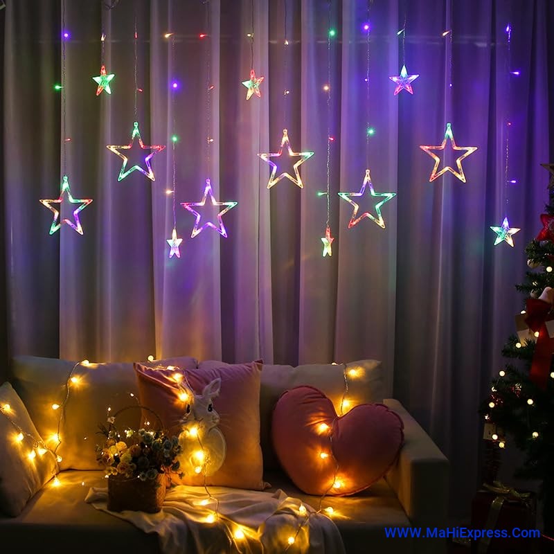 Sayeny Star Curtain String Decorative LED Lights – 3 Meter Multicolor Plug-in Lights with 108 LEDs, 8 Lighting Modes (6+6 Star Design) for Wall, Corner, Festival, Party & Home Decoration