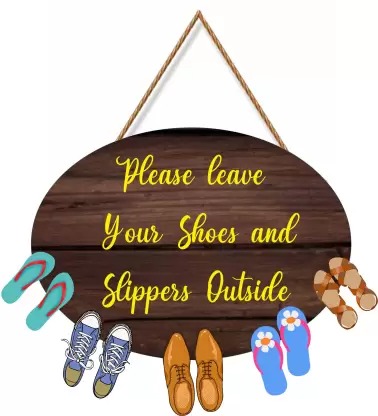 Ocean Garnature Please Leave Your Shoes And Sliiper Outside Wooden Shoes Hanging for Home door  (21 cm X 31 cm, Brown)