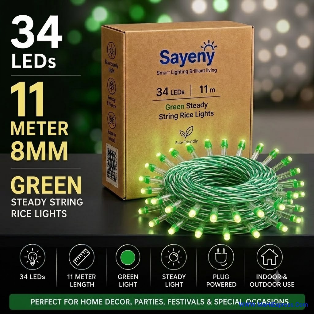 Sayeny 11 Meter 8mm 34 LED Green String Steady Light for Home, Bedroom, Festival, Diwali, Christmas & Party Decoration