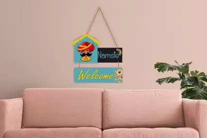 Ocean Garnature Namaste Welcome Quotes Wooden Wall Hanging Decorative Item for Home Décor  (16 inch X 10 inch, Blue)
