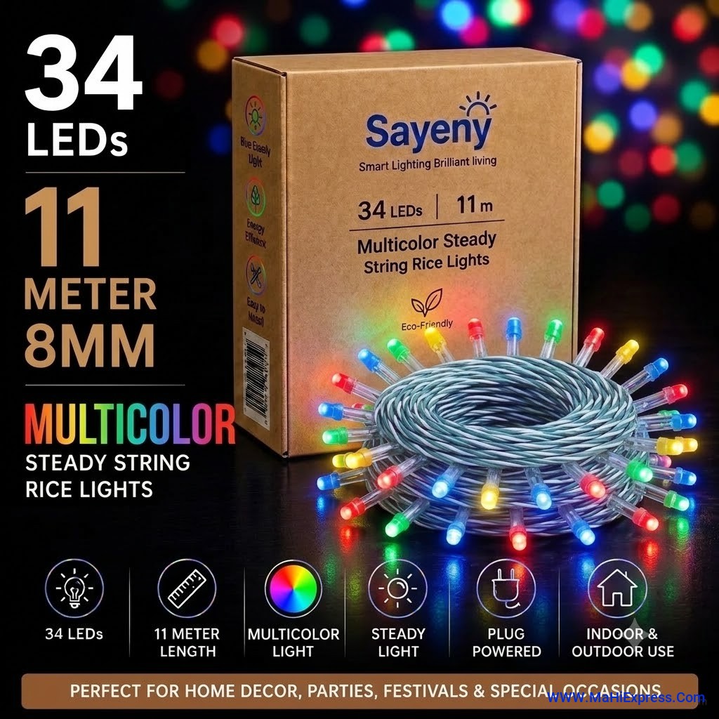 Sayeny 11 Meter 34 LED Multicolour String Steady Lights | 8mm Decorative Glow Light String for Home, Diwali & Festive Decoration