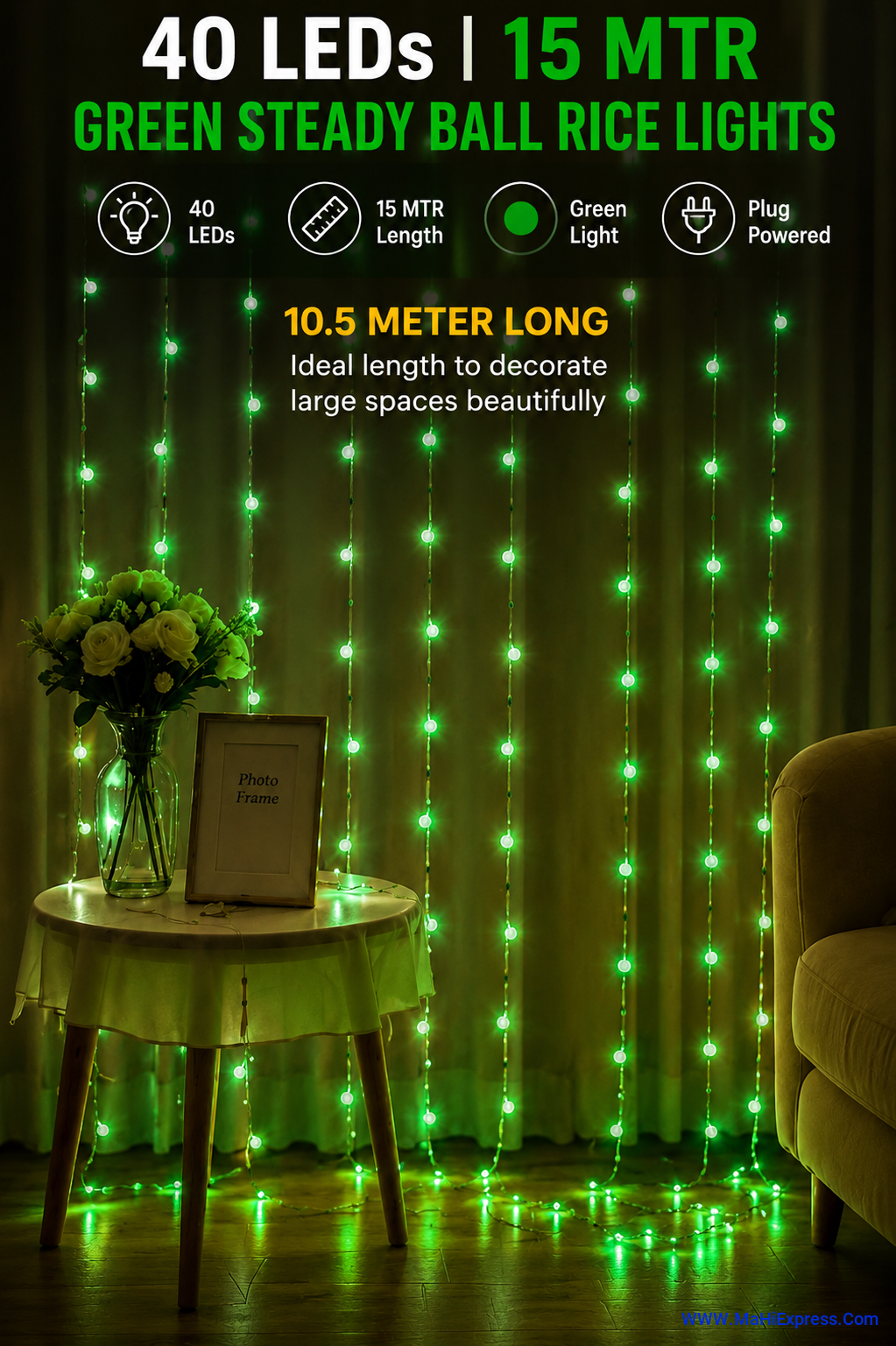 40 LED 15m Green Steady Ball Rice Lights (Pack of 1) | Waterproof Decorative Fairy String Lights for Home, Diwali, Christmas, Garden & Party Decoration