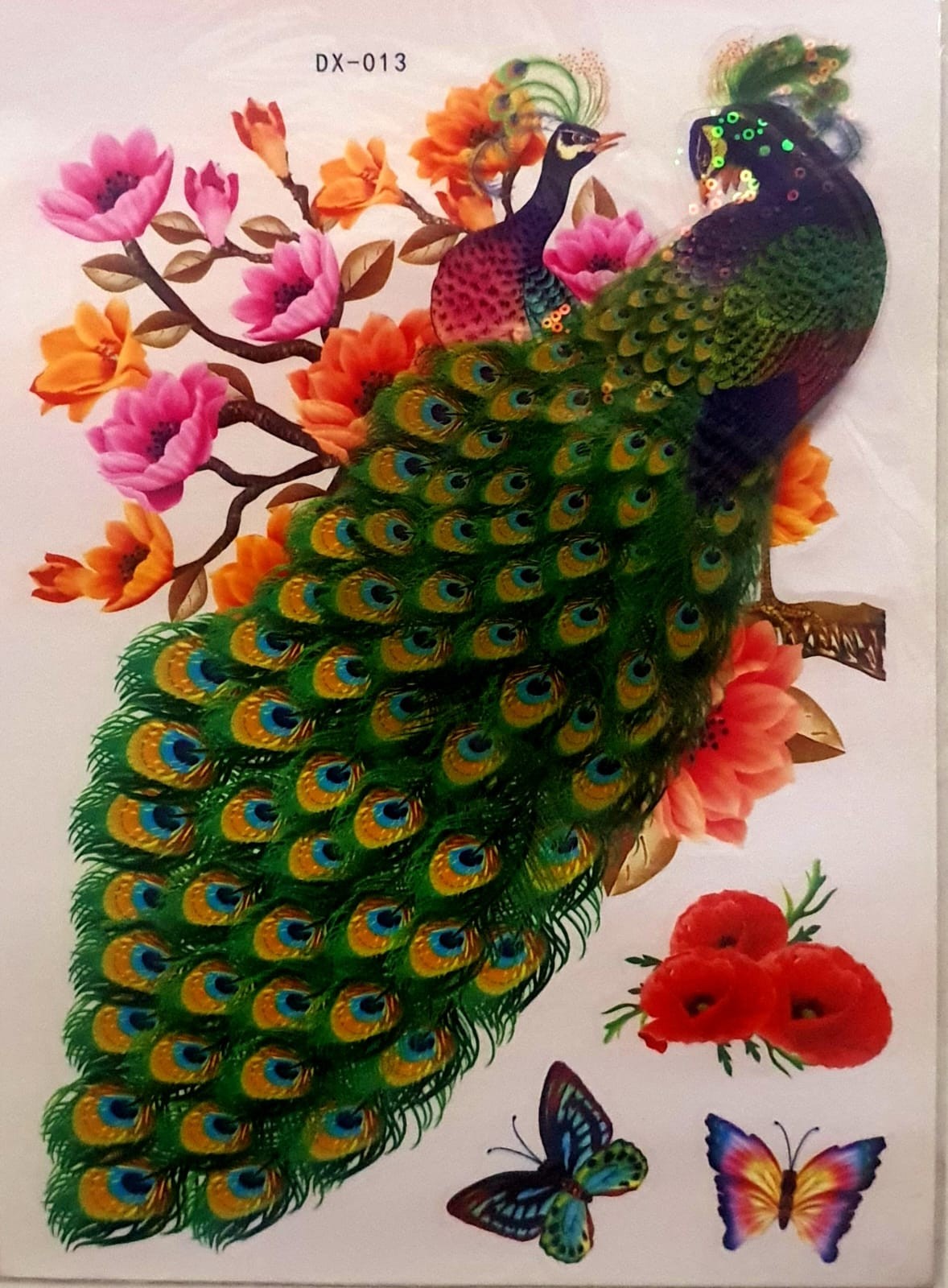 Ocean Garniture 25 cm 3D Embossed Orange & Pink Flower with Green Peacock Wallpaper Self Adhesive Sticker  (Pack of 1)