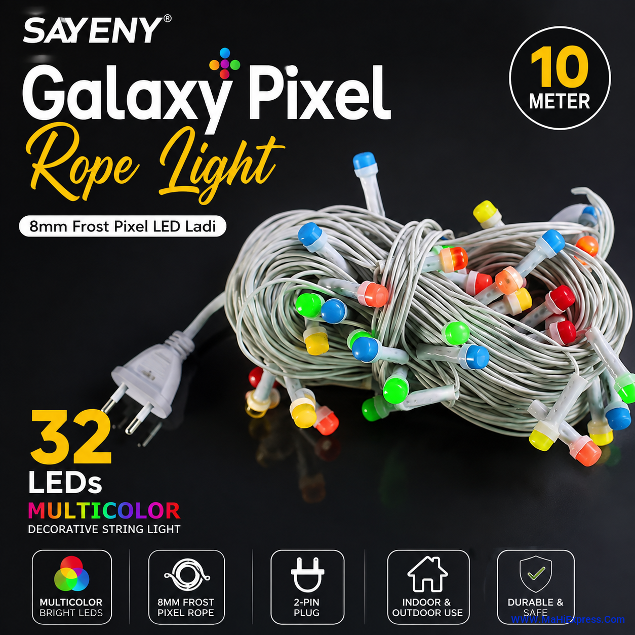 Sayeny Galaxy Pixel Rope Light 8mm Frost Pixel LED Ladi | 10 Meter 32 LEDs Multicolor Decorative String Light with 2-Pin Plug | Ideal for Diwali, Festival, Birthday & Home Decor (Pack of 1)