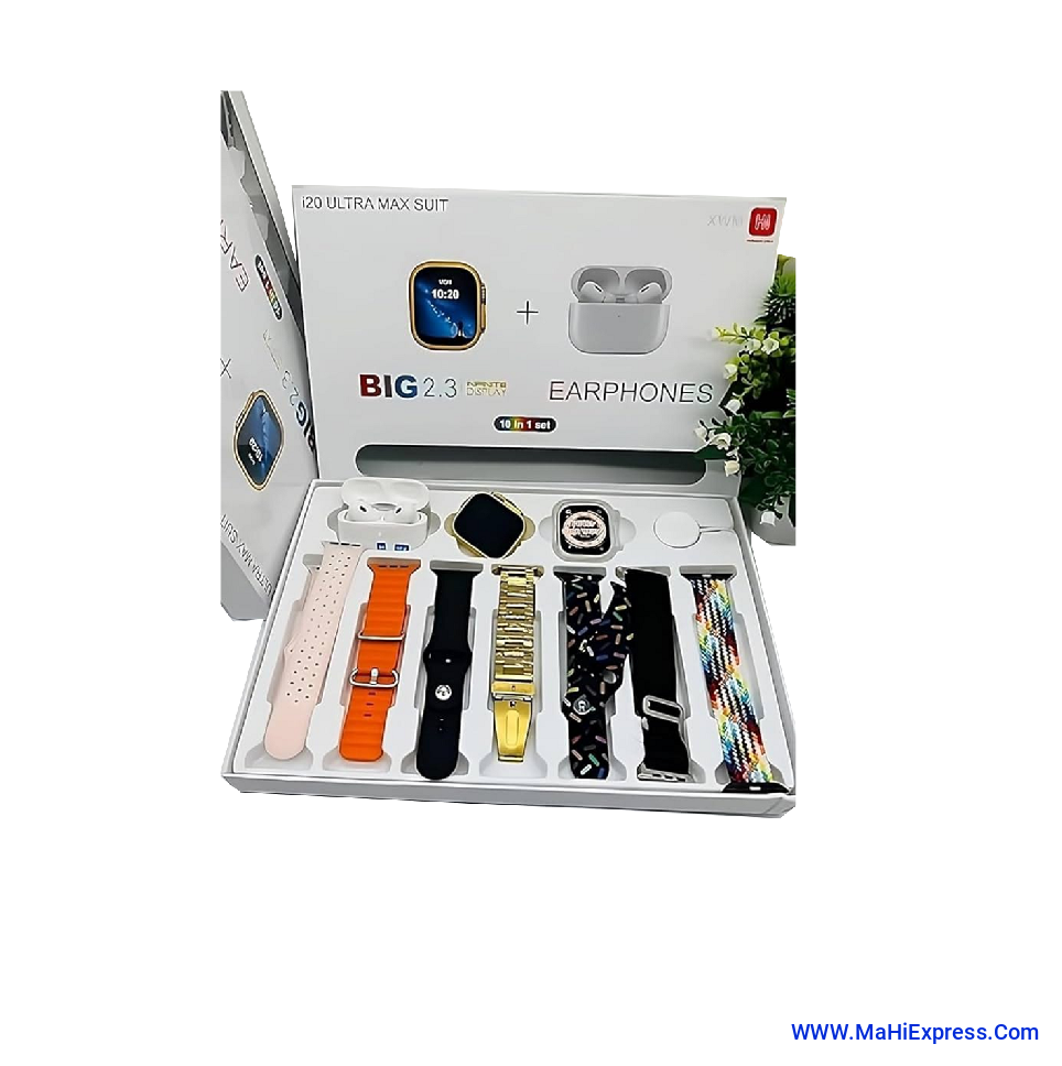 Sayeny  I20 Ultra Max Suit 10-in-1 Ultra Smart Bluetooth Calling Smartwatch, Earphones, Transparent Screen Guard, 7 Classic Straps (Mixed Colours)