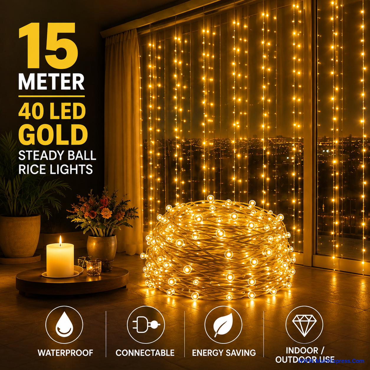 40 LED 15m Gold Steady Ball Rice Lights (Pack of 1) | Waterproof Decorative Fairy String Lights for Home, Diwali, Christmas, Garden & Party Decoration