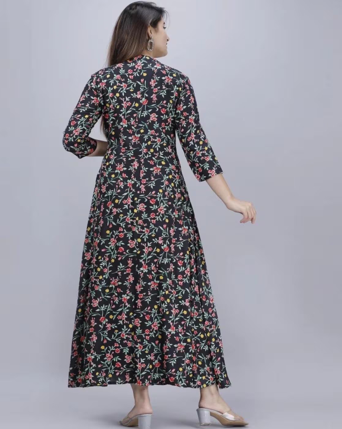 Women's Rayon Floral Printed Anarkali Kurti Women's 3/4 Sleeve Collared Neck Kurti