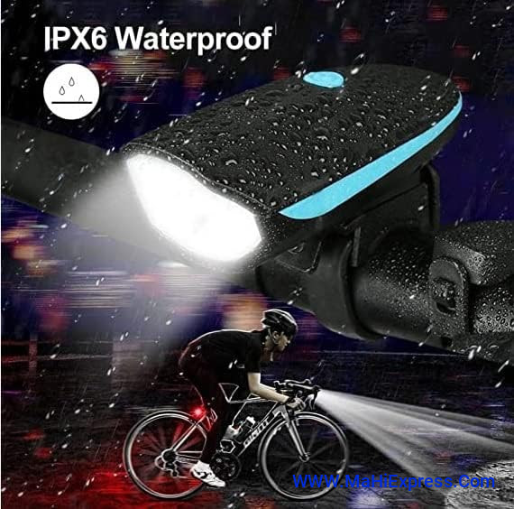 2-in-1 Rechargeable Cycle Light (3 Modes) & Horn, Waterproof, Blue, 250 Lumen, Handlebar Mount