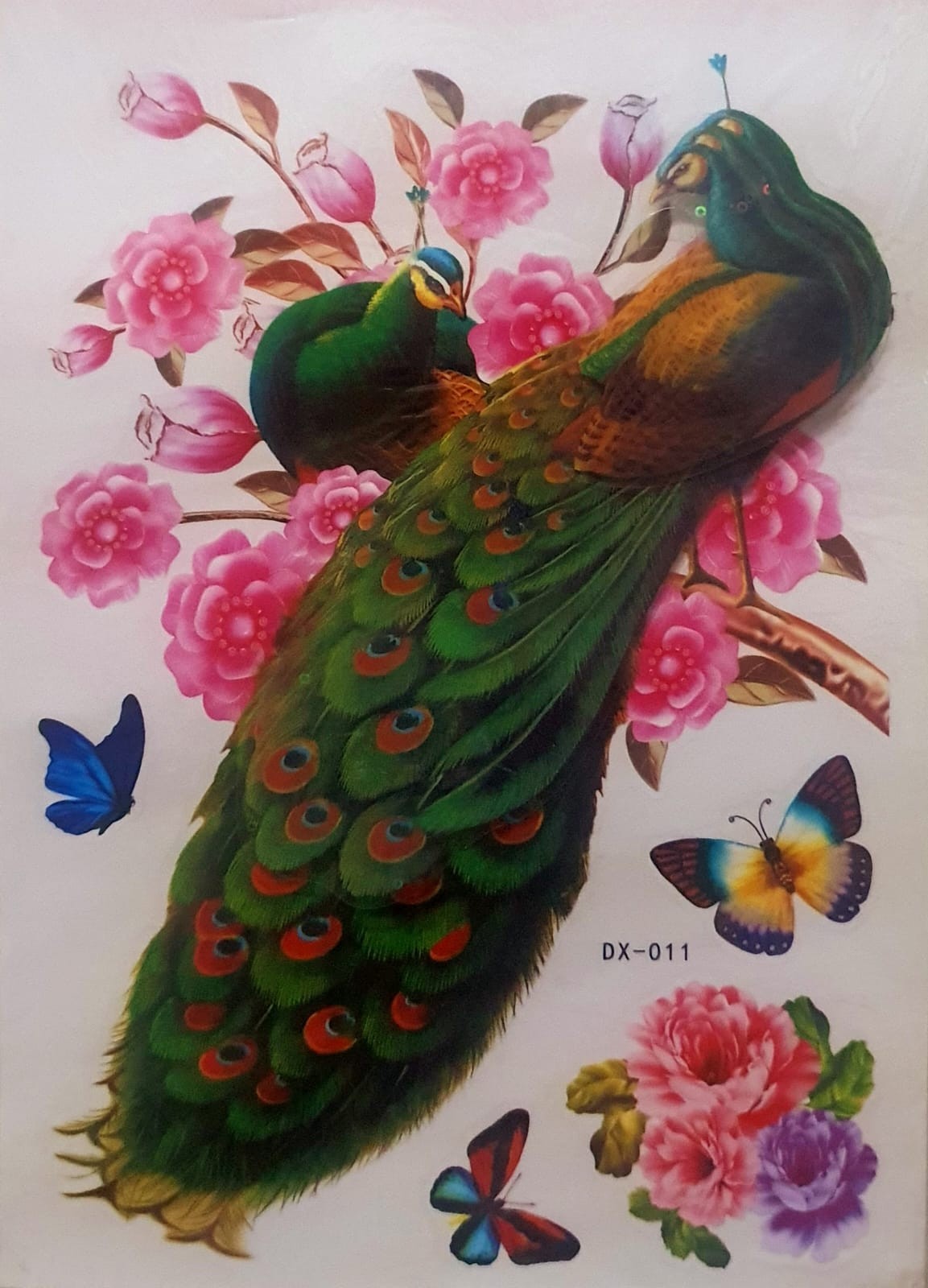 Ocean Garniture 25 cm 3D Embossed Green Peacock with Pink Flowers Wallpaper Self Adhesive Sticker  (Pack of 1)
