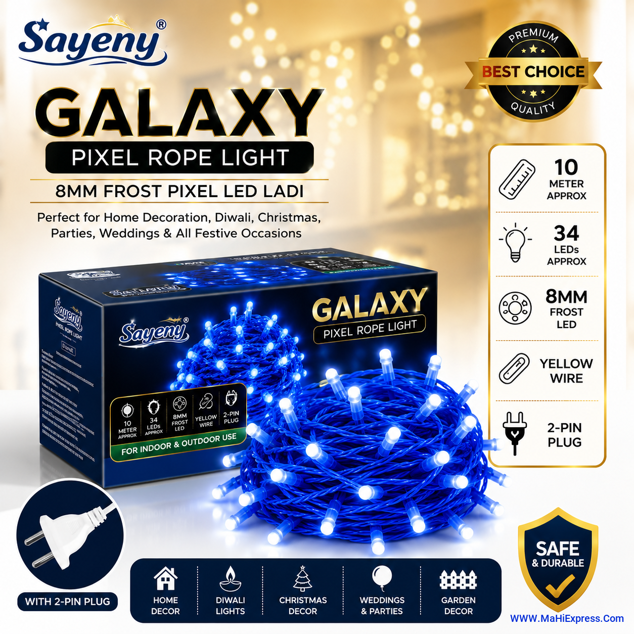 Sayeny 8mm Frost Pixel Galaxy Rope Light | 10m Approx 34 LEDs White color LED Ladi | Blue Wire & White Bulb String Light with Direct 2-Pin Plug for Home & Festival Decoration (Pack of 1)