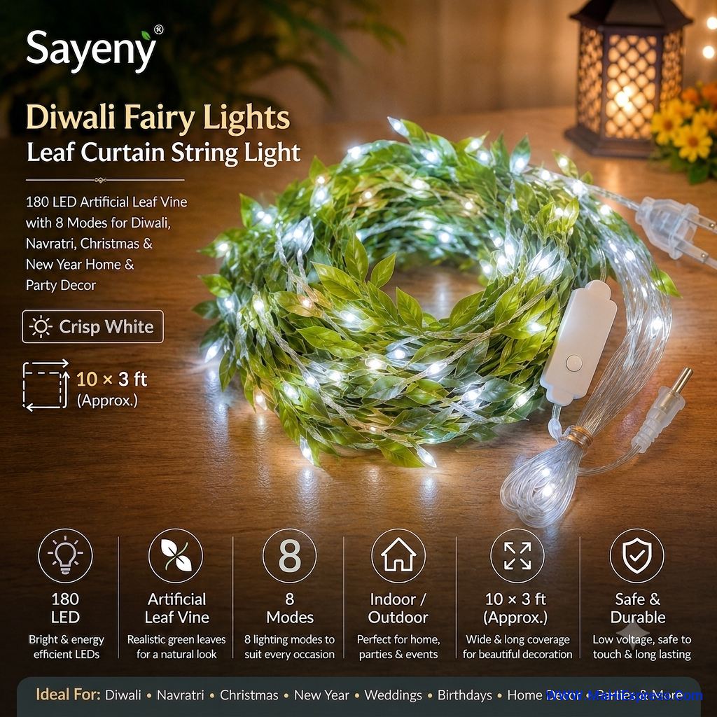 Sayeny 180 LED Artificial Leaf Vine Curtain String Lights for Home Decor – Crisp White Light with 8 Modes, 10×3 Ft (Diwali, Navratri, Christmas & Party Decoration)