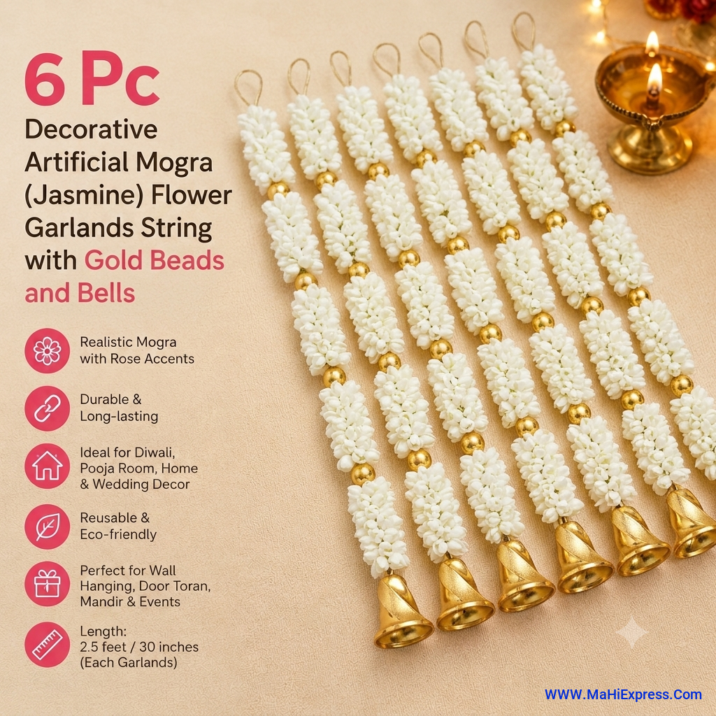 6 Pc Artificial Mogra Flower Garlands with Golden Bell | Jasmine String Toran for Pooja Room & Home Decor (30 Inch)