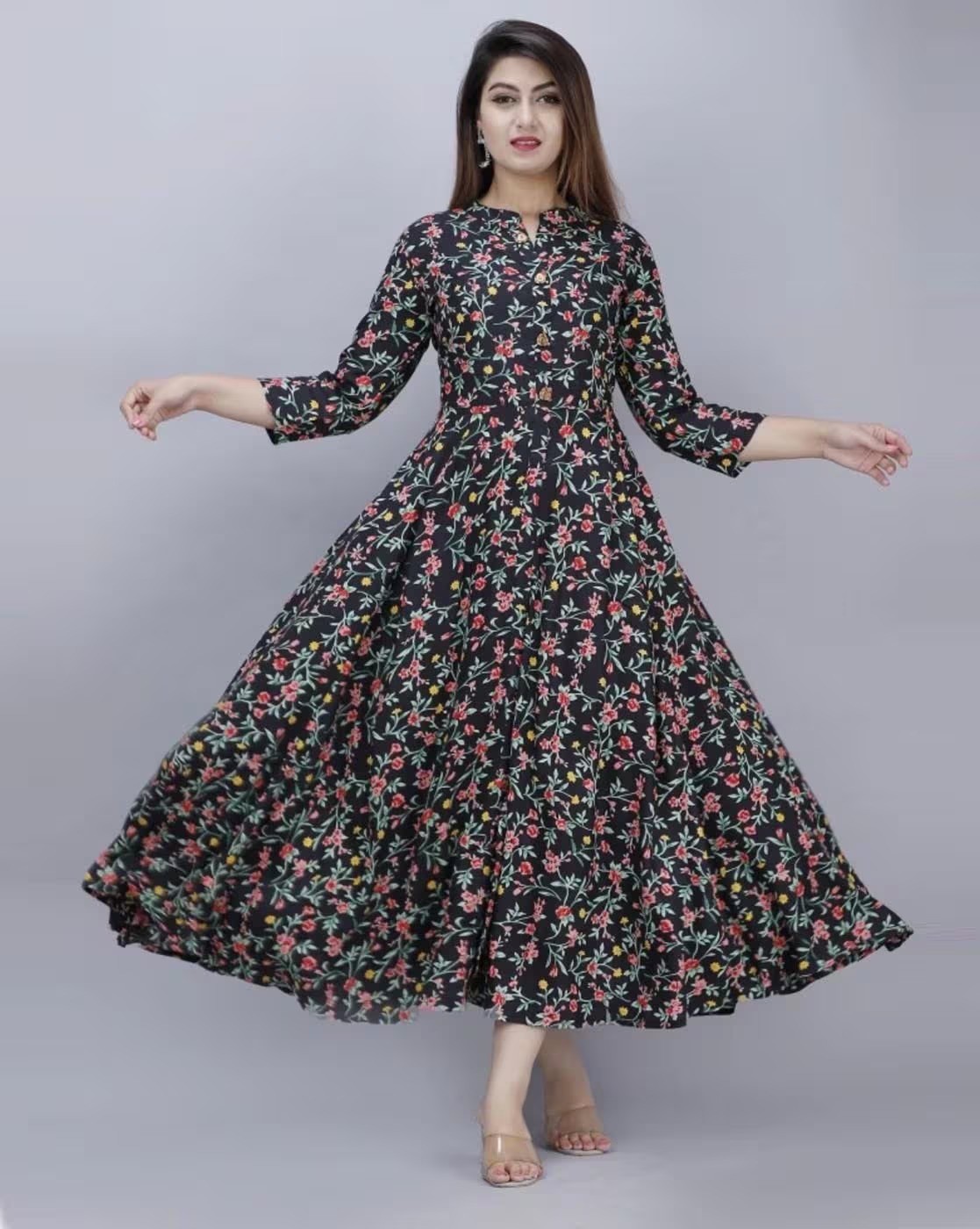 Women's Rayon Floral Printed Anarkali Kurti Women's 3/4 Sleeve Collared Neck Kurti