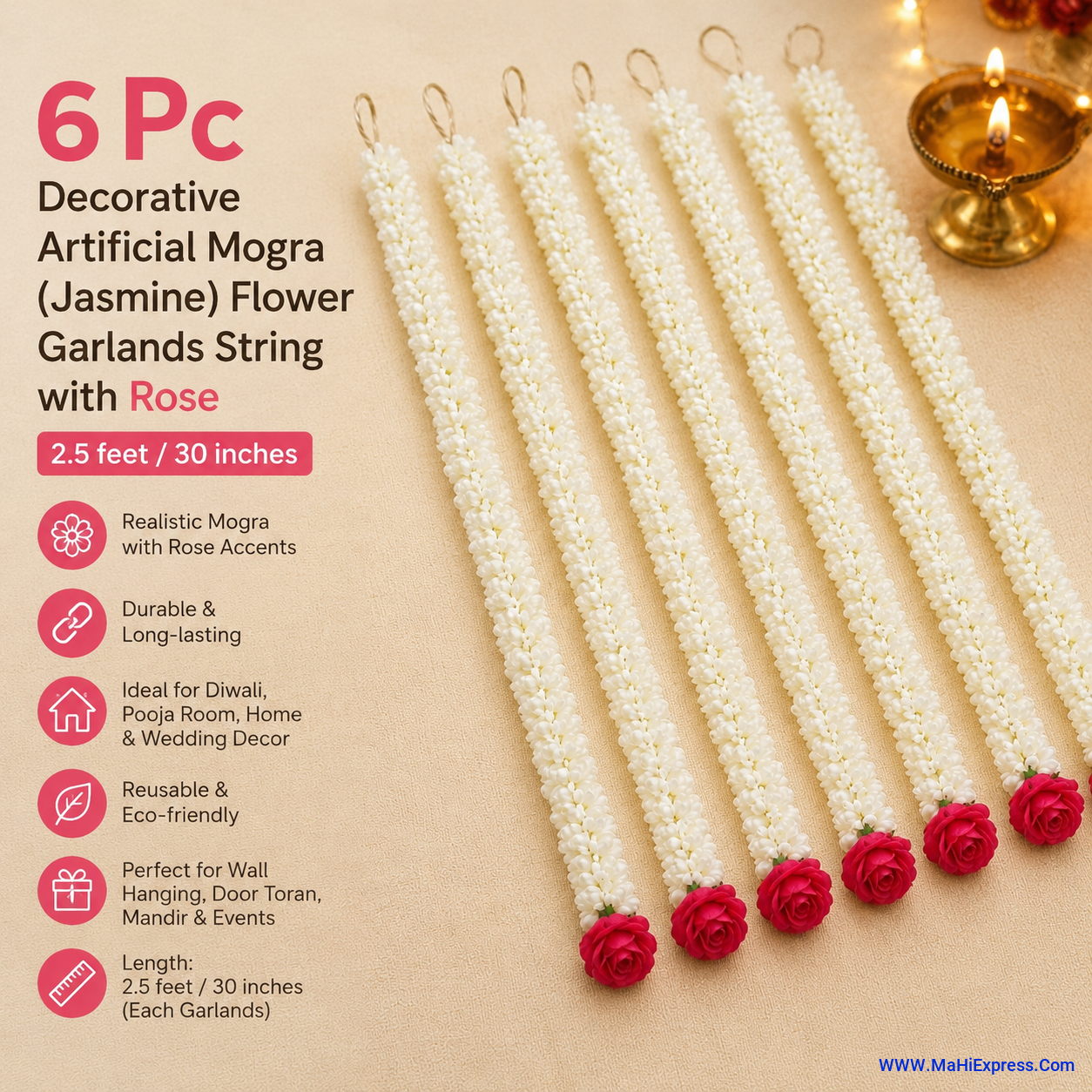 Decorative Artificial Mogra Flower Garlands with Red Rose - Pack of 6 (2.5 Feet / 30 Inches) | Jasmine String Toran for Diwali, Pooja Room, Home & Door Decoration