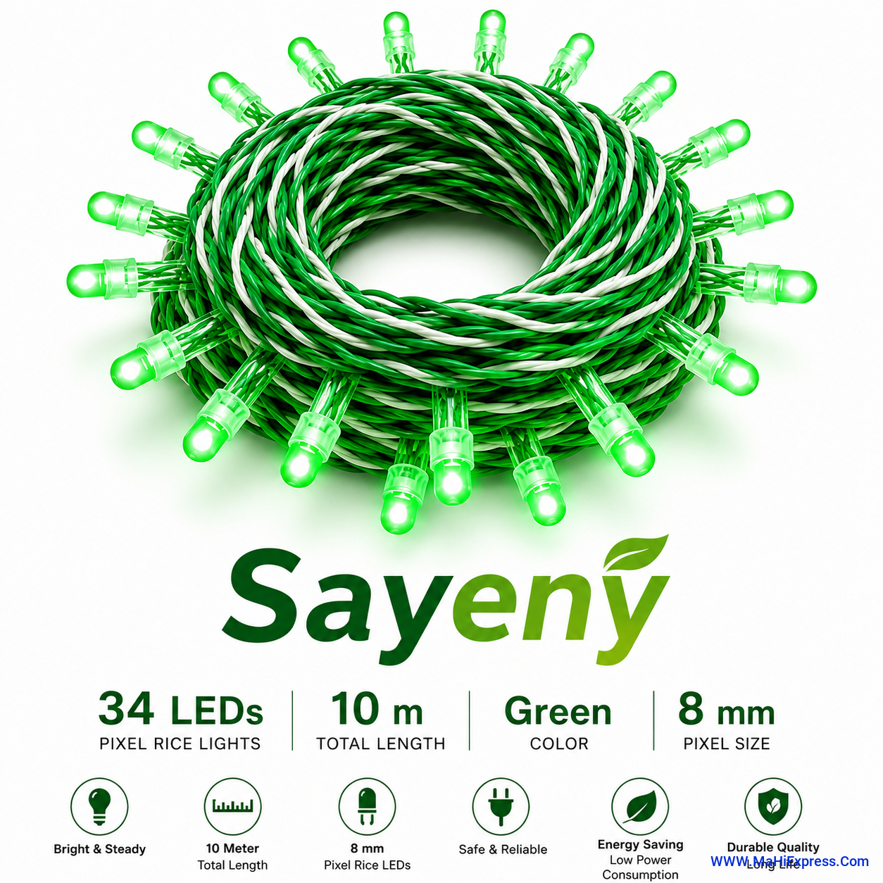 Sayeny 10m Green Pixel Rice Lights | 34 High-Brightness LEDs | Waterproof Decorative Fairy String Lights for Diwali, Christmas, Wedding, Home & Outdoor Decor