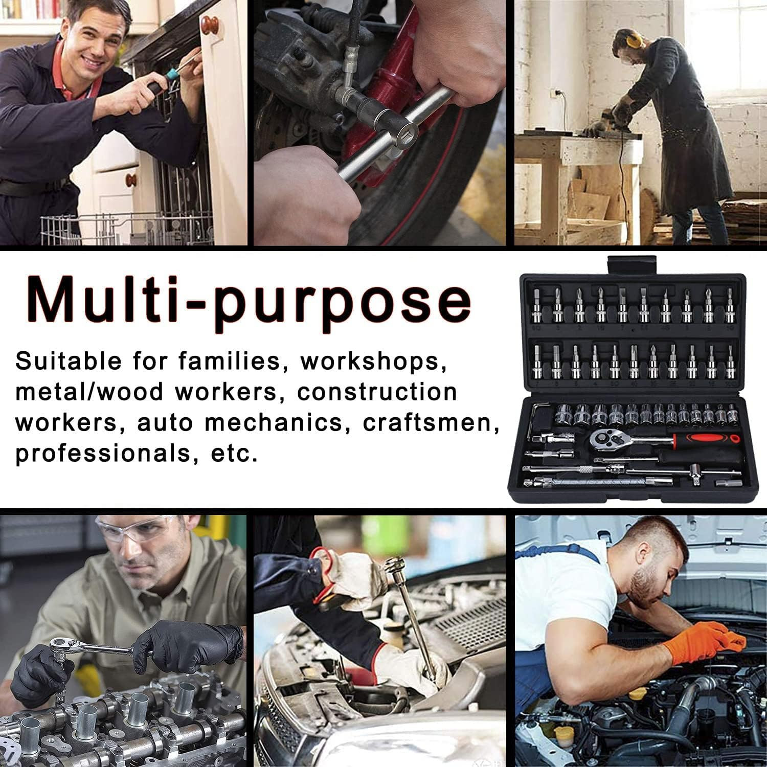 Sayeny 46 in 1 Heavy Duty 1/4" Screwdriver Multi Purpose Combinational Ratchet Socket Wrench Spanner 46 Pcs Chrome Vanadium Hand Tool Kit Set For Auto Repairing Work, Car & Bike (Multi color)