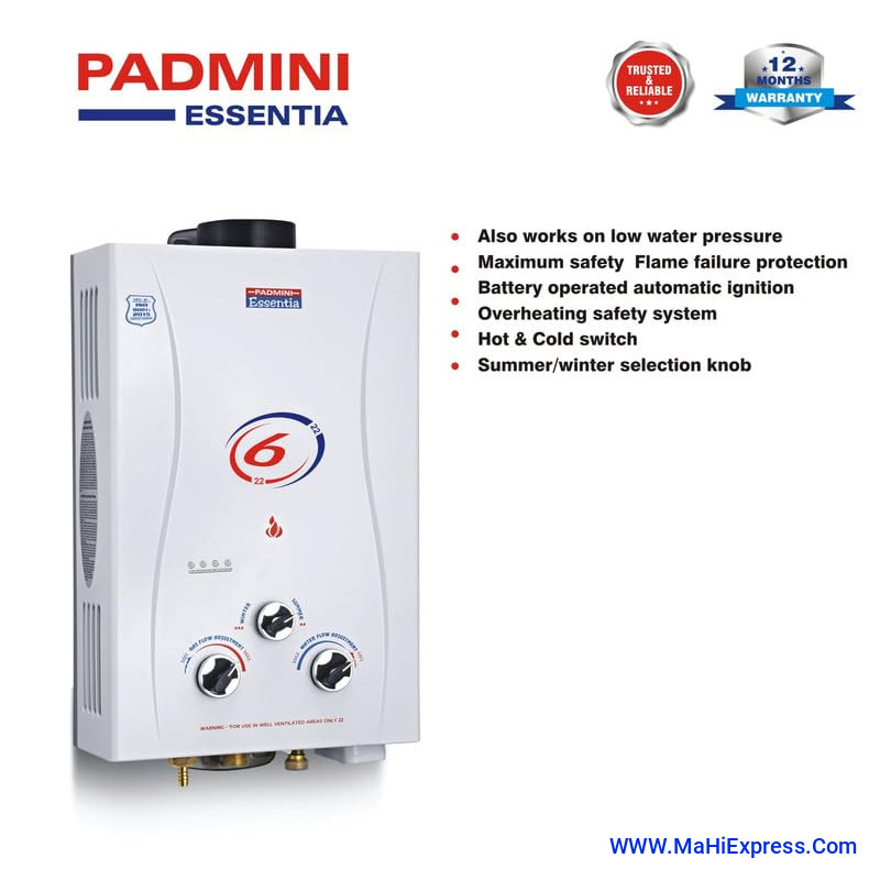 Padmini Essentia 6 L Instant Water Geyser Automatic Gas Water Heater for Home,With Overheating Saftey System | Hot & Cold Switch | Also Work on Low Water Pressure | Flame Failure Protection