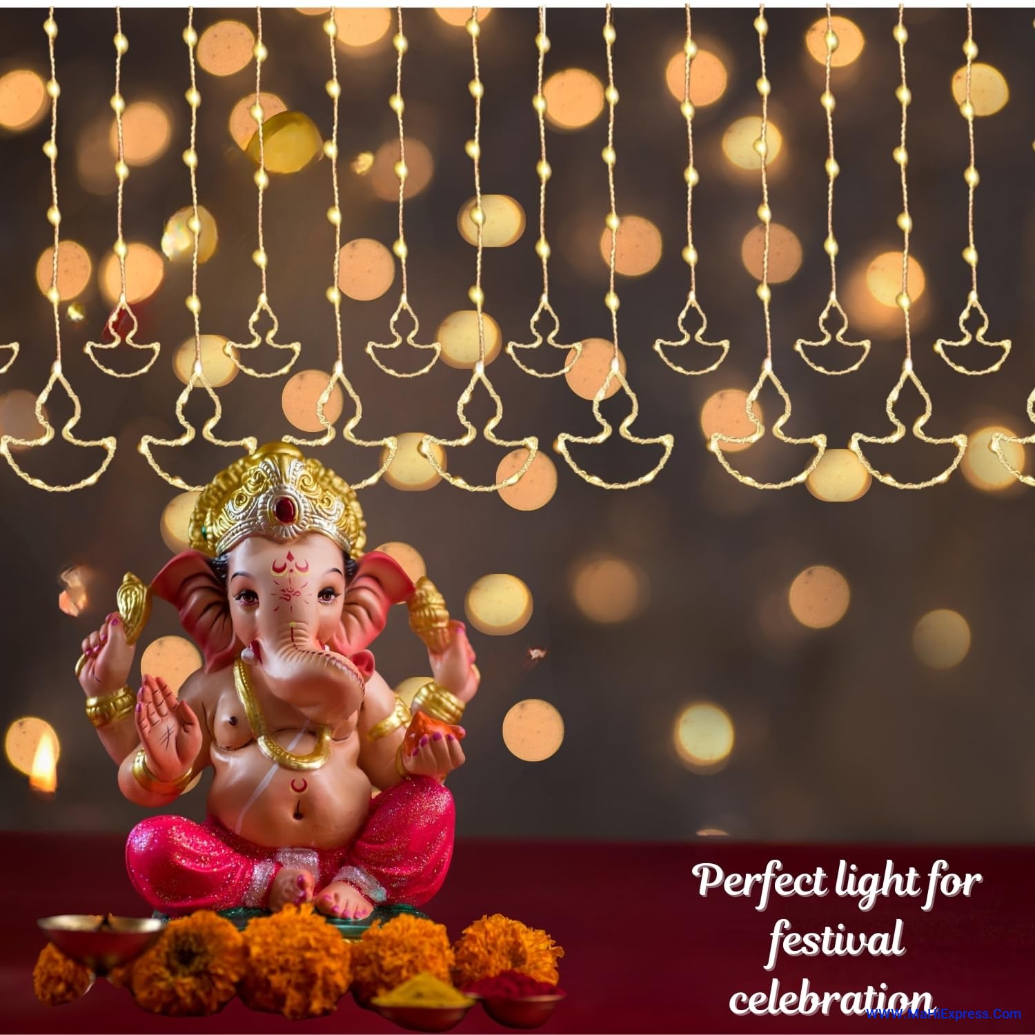 Sayeny Fairy Diya Curtain LED String Light 10 Diyas 96 LED, 3 Meter (5+5) with 8 Modes Window Curtain Decorative Light for Home Decoration, Plug-in (Warm White)