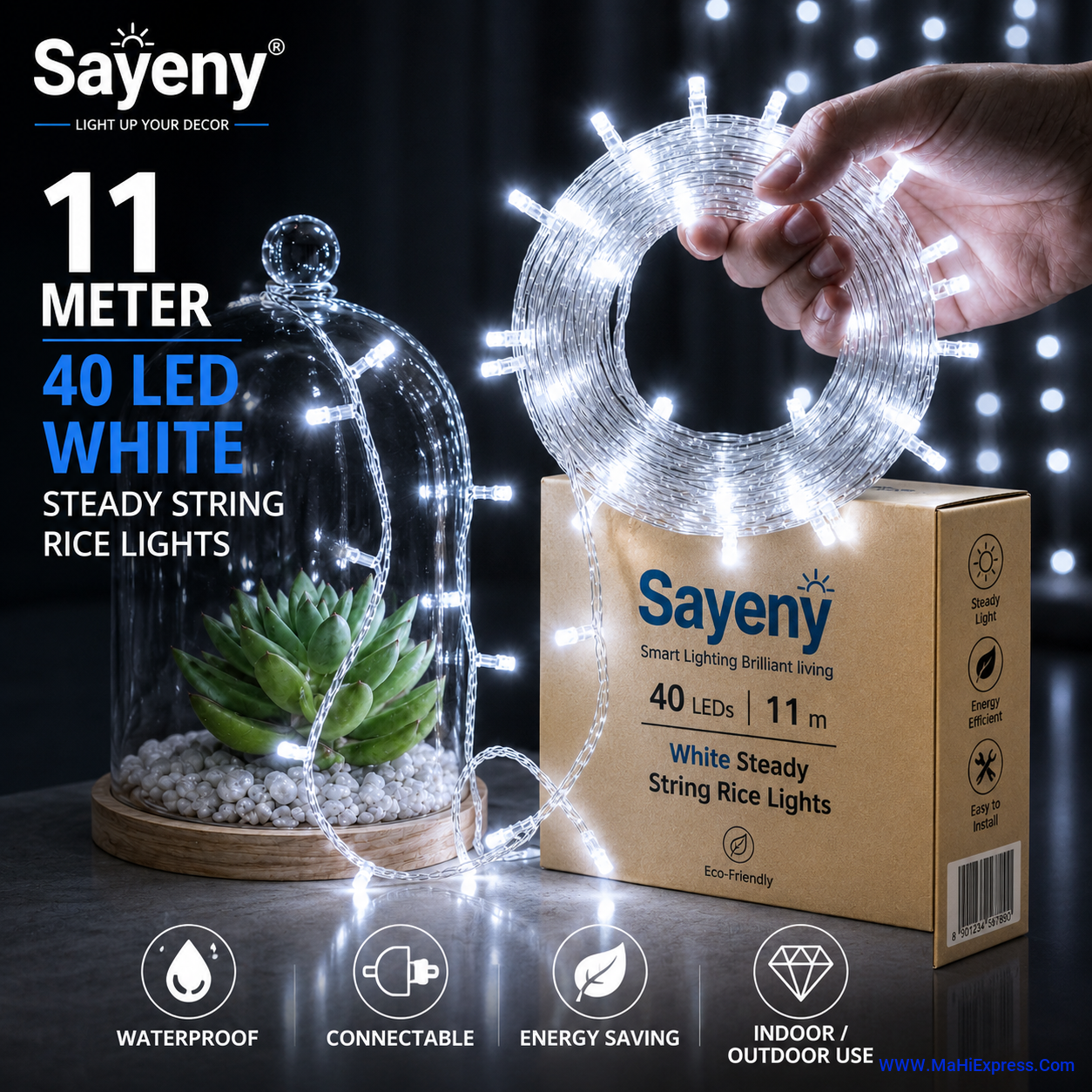Sayeny 11 Meter 40 LED White Rice Lights | Steady Glow Decorative Fairy String Lights for Home, Bedroom, Festival, Diwali, Mandir, Christmas & Party Decoration