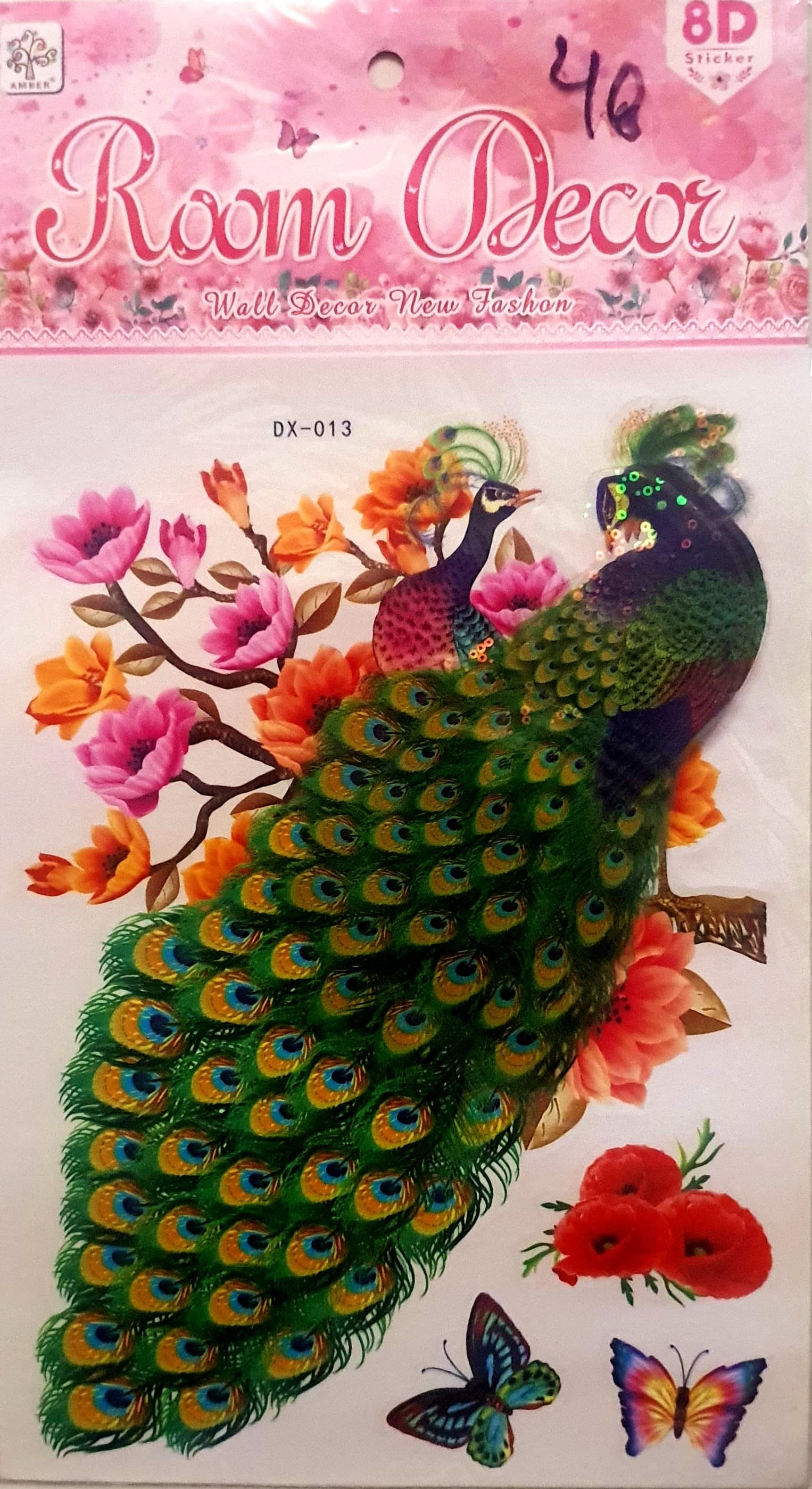 Ocean Garniture 25 cm 3D Embossed Orange & Pink Flower with Green Peacock Wallpaper Self Adhesive Sticker  (Pack of 1)