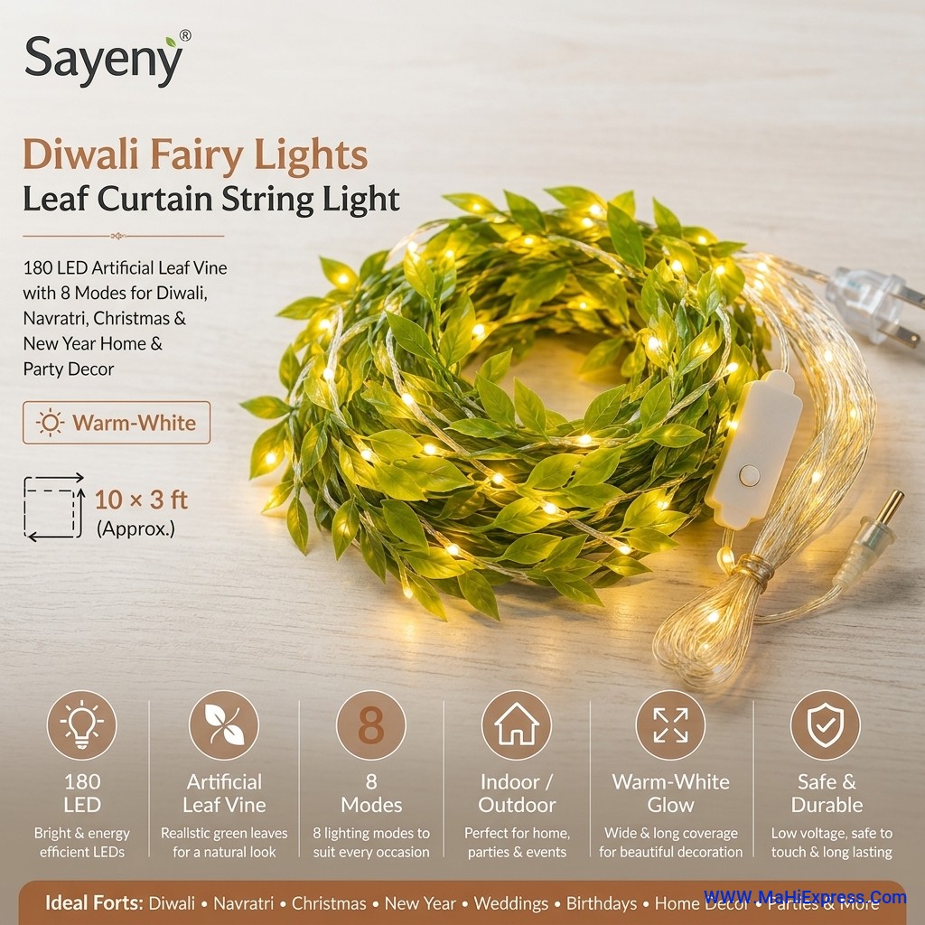 Sayeny 180 LED Artificial Leaf Curtain String Lights (10×3 ft,) – 8 Modes Decorative Lights for Diwali, Navratri, Festival & Home Decor