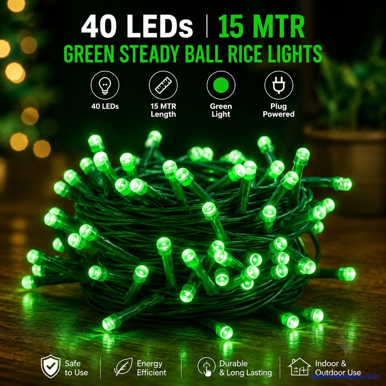 40 LED 15m Green Steady Ball Rice Lights (Pack of 1) | Waterproof Decorative Fairy String Lights for Home, Diwali, Christmas, Garden & Party Decoration
