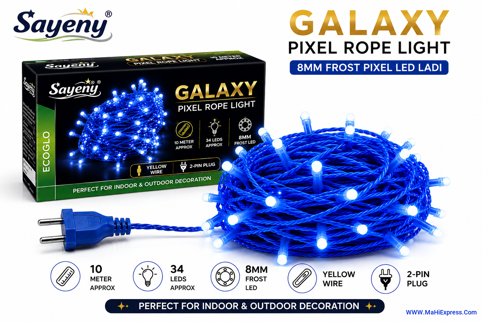 Sayeny 8mm Frost Pixel Galaxy Rope Light | 10m Approx 34 LEDs White color LED Ladi | Blue Wire & White Bulb String Light with Direct 2-Pin Plug for Home & Festival Decoration (Pack of 1)