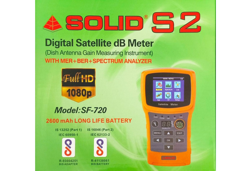 Solid SF - 720 Digital Satellite Finder DB Meter Tester with Spectrum Function + USB Port + LCD Backlight Display + Compass + 4 Led + Buzzer + Power Supply Satellite Signal Strength Quality Meter