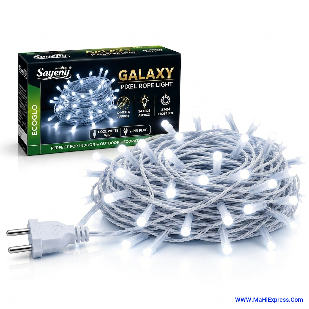 Sayeny 8mm Frost Pixel Galaxy Rope Light (10m, 34 LEDs) | White LED Ladi with Cool White Wire & Frost White Bulbs | Direct 2-Pin Plug String Light for Home, Party & Festival Decoration (Pack of 1)